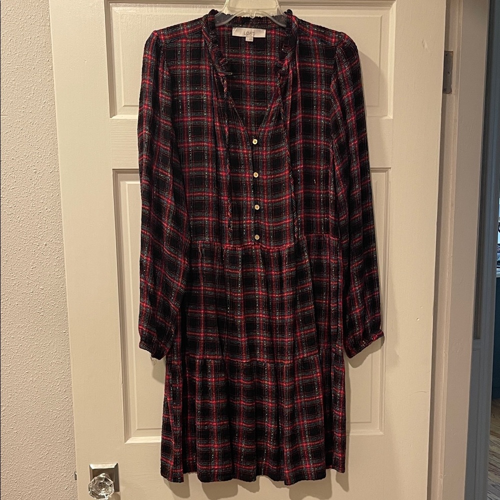 LOFT Red and Black Plaid Long Sleeve Dress